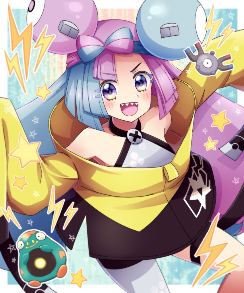 1girl absurdres arms_up bare_shoulders bellibolt blue_hair blush border bow-shaped_hair character_hair_ornament collarbone creatures_(company) female_focus game_freak gen_1_pokemon grey_pantyhose grey_shirt hair_ornament happy highres iono_(pokemon) jacket lightning_bolt_symbol long_hair long_sleeves looking_at_viewer magnemite misubaru_rin multicolored_hair nintendo objectification open_mouth outside_border pantyhose pokemon pokemon_(creature) pokemon_sv purple_eyes purple_hair sharp_teeth shirt sidelocks single_leg_pantyhose sleeveless sleeveless_shirt smile solo_focus standing star_(symbol) teeth thigh_strap two-tone_hair v-shaped_eyebrows very_long_hair white_border yellow_jacket