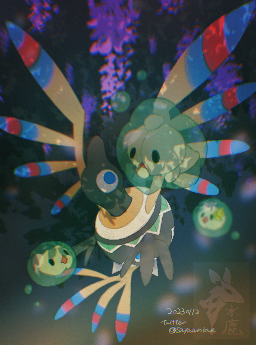 artist_logo black_eyes blue_eyes blurry blurry_background chromatic_aberration dated duosion floating flower full_body gen_5_pokemon highres logo looking_at_another nintendo no_humans open_mouth pokemon pokemon_(creature) purple_flower sigilyph solid_oval_eyes solosis suiroku twitter_username wisteria
