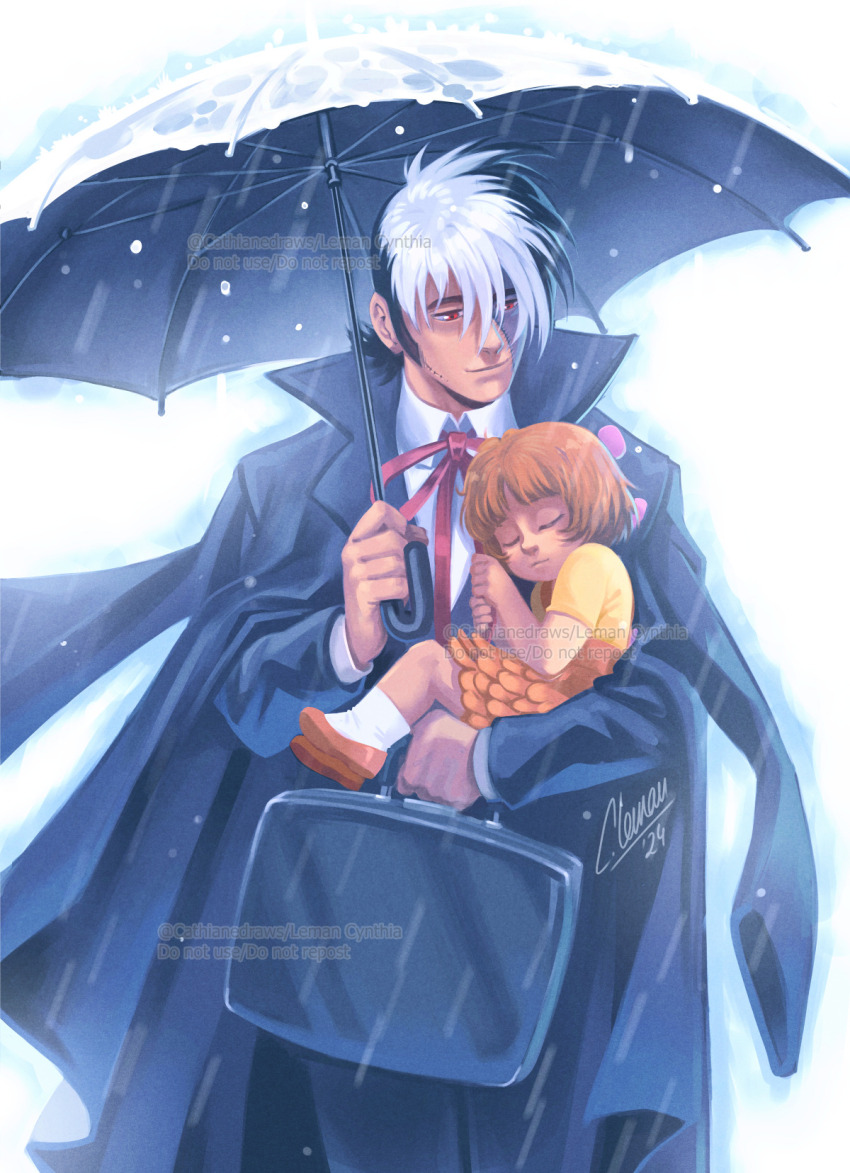 1boy 1girl black_coat black_hair black_jack_(character) black_jack_(series) black_pants black_suit blue_skin bob_cut bow bowtie briefcase carrying carrying_person cathiane child closed_eyes closed_mouth coat coat_on_shoulders colored_skin formal_clothes highres holding holding_briefcase holding_umbrella multicolored_hair orange_hair orange_shoes orange_skirt pants pinoko rain red_bow red_bowtie red_eyes scar shirt shoes sideburns skirt sleeping smile socks stitched_face stitches suit two-tone_hair umbrella water_drop white_background white_hair white_socks yellow_shirt