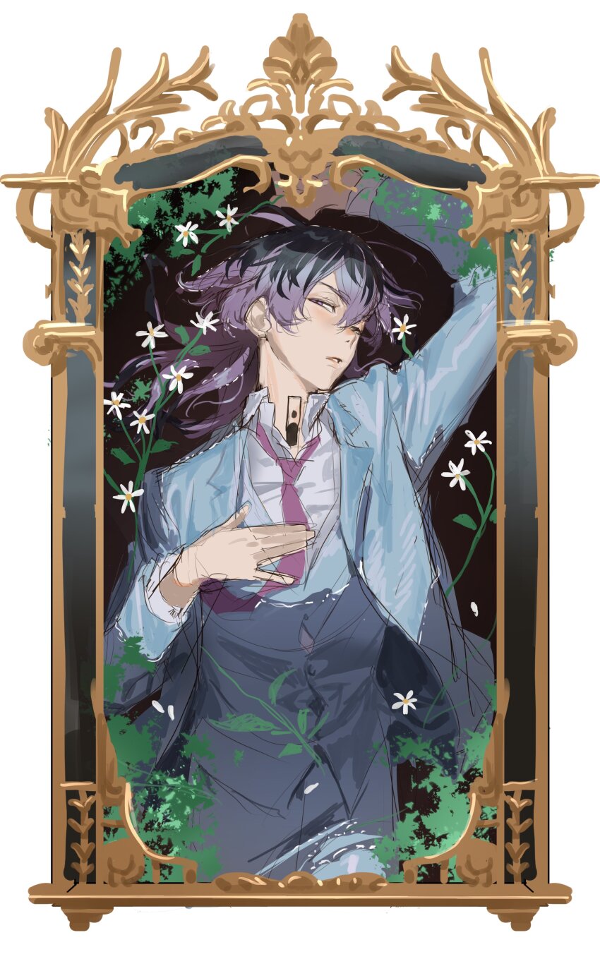 1boy absurdres arm_above_head blue_suit blush chamuring formal_clothes haitani_rindou hand_on_own_chest head_tilt highres light_blue_dress light_blue_jacket looking_at_viewer lying male_focus multicolored_hair neck_tattoo necktie on_back one_eye_closed parted_lips plant purple_eyes purple_hair purple_necktie suit tattoo tokyo_revengers two-tone_hair vest wolf_cut