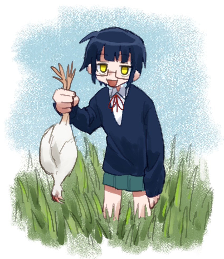 1girl animal arm_at_side bird blue_hair blue_sweater border chicken day fading_border glasses grass green_skirt hand_up highres holding holding_animal hunched_over jitome kagaku_chop looking_at_viewer nagakura_ren open_mouth outdoors pleated_skirt skirt smile solo standing sweater tall_grass ueki_(ueki056) yellow_eyes