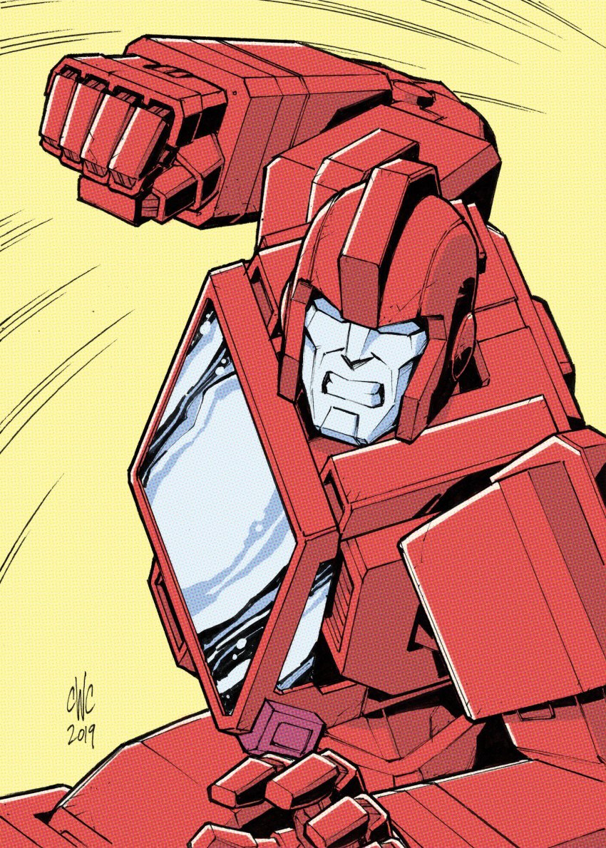 1980s_(style) 1boy autobot blue_eyes casey_w._coller clenched_hand commentary dated english_commentary highres ironhide mecha no_humans oldschool open_hand punching retro_artstyle robot science_fiction signature solo transformers yellow_background
