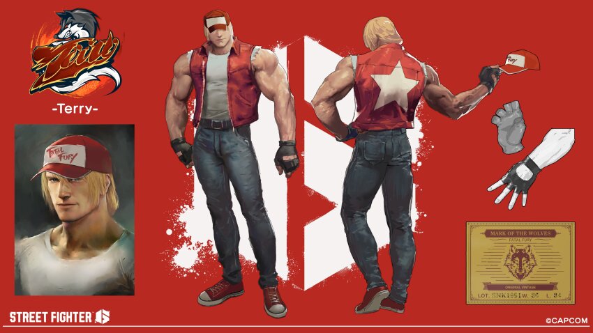 1boy absurdres bad_tag baseball_cap biceps blonde_hair character_name commentary concept_art copyright_name crossover denim fatal_fury fingerless_gloves gloves hat highres jacket jeans multiple_views muscular muscular_male official_art pants red_jacket reference_sheet shoes sneakers street_fighter street_fighter_6 terry_bogard torn_clothes torn_sleeves turnaround