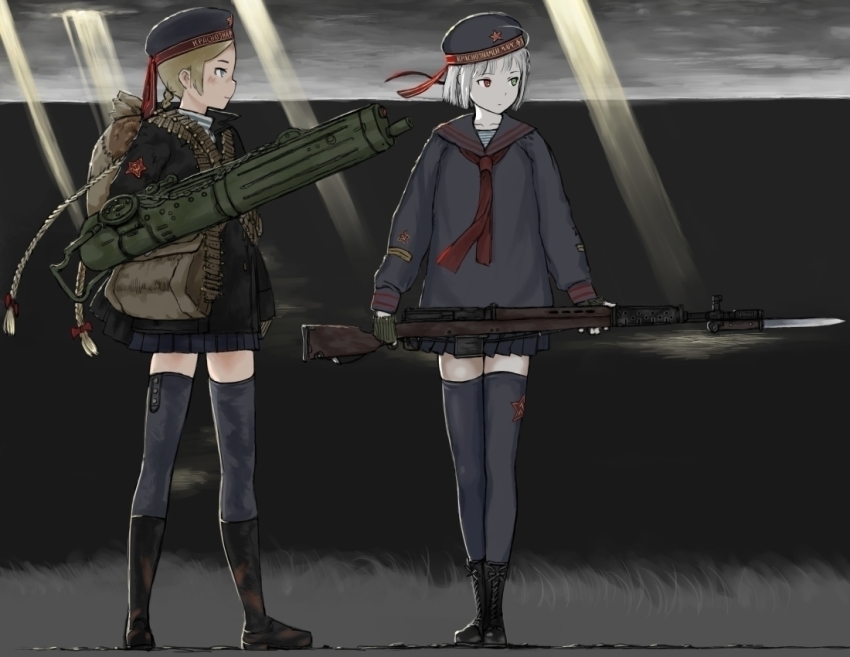 ammunition ammunition_belt bad_id bad_pixiv_id bandolier bayonet belt blonde_hair boots braid flat_cap gloves gun hammer_and_sickle hat holding holding_weapon light_rays long_hair machine_gun maxim_gun military military_uniform multiple_girls original rifle shirt short_hair skirt star_(symbol) striped_clothes striped_shirt sunbeam sunlight telnyashka thighhighs twin_braids weapon y_(khakiyawn) zettai_ryouiki