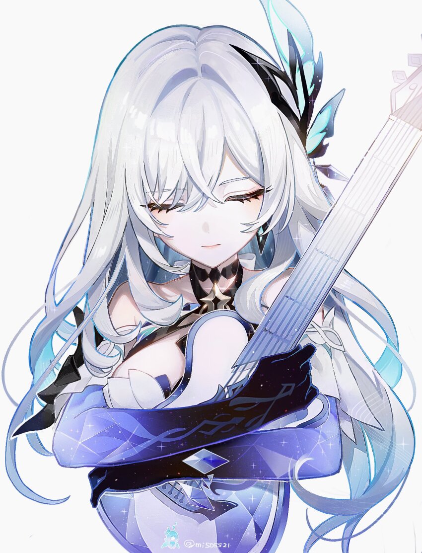 1girl bare_shoulders breasts choker cleavage_cutout closed_eyes clothing_cutout elbow_gloves genshin_impact glint gloves gradient_hair gradient_outline guitar highres holding holding_guitar holding_instrument instrument long_eyelashes mi505521 multicolored_hair skirk_(genshin_impact) solo twitter_username upper_body white_background white_hair