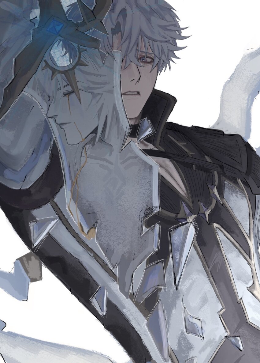2boys blood bloody_tears blue_eyes bright_pupils broken broken_sword broken_weapon closed_eyes coat collared_coat commentary english_commentary frown gold_blood hair_between_eyes highres holding holding_sword holding_weapon honkai:_star_rail honkai_(series) lifting_object looking_down male_focus milkshuakes multiple_boys mydei_(honkai:_star_rail) one_eye_covered parted_bangs parted_lips phainon_(honkai:_star_rail) raised_inner_eyebrows reflection sad shards short_hair sword weapon white_background white_coat white_hair yellow_blood