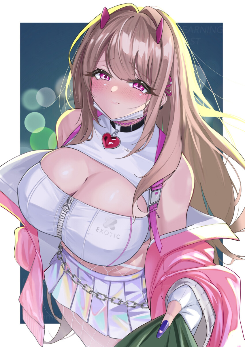 1girl bare_shoulders blush breasts brown_hair cleavage collar goddess_of_victory:_nikke hair_ornament highres hiromusan holding holographic_clothing horns large_breasts leotard long_hair looking_at_viewer pink_eyes pink_horns pink_leotard red_eyes reflective_clothes shiny_skirt skirt smile solo viper_(nikke)