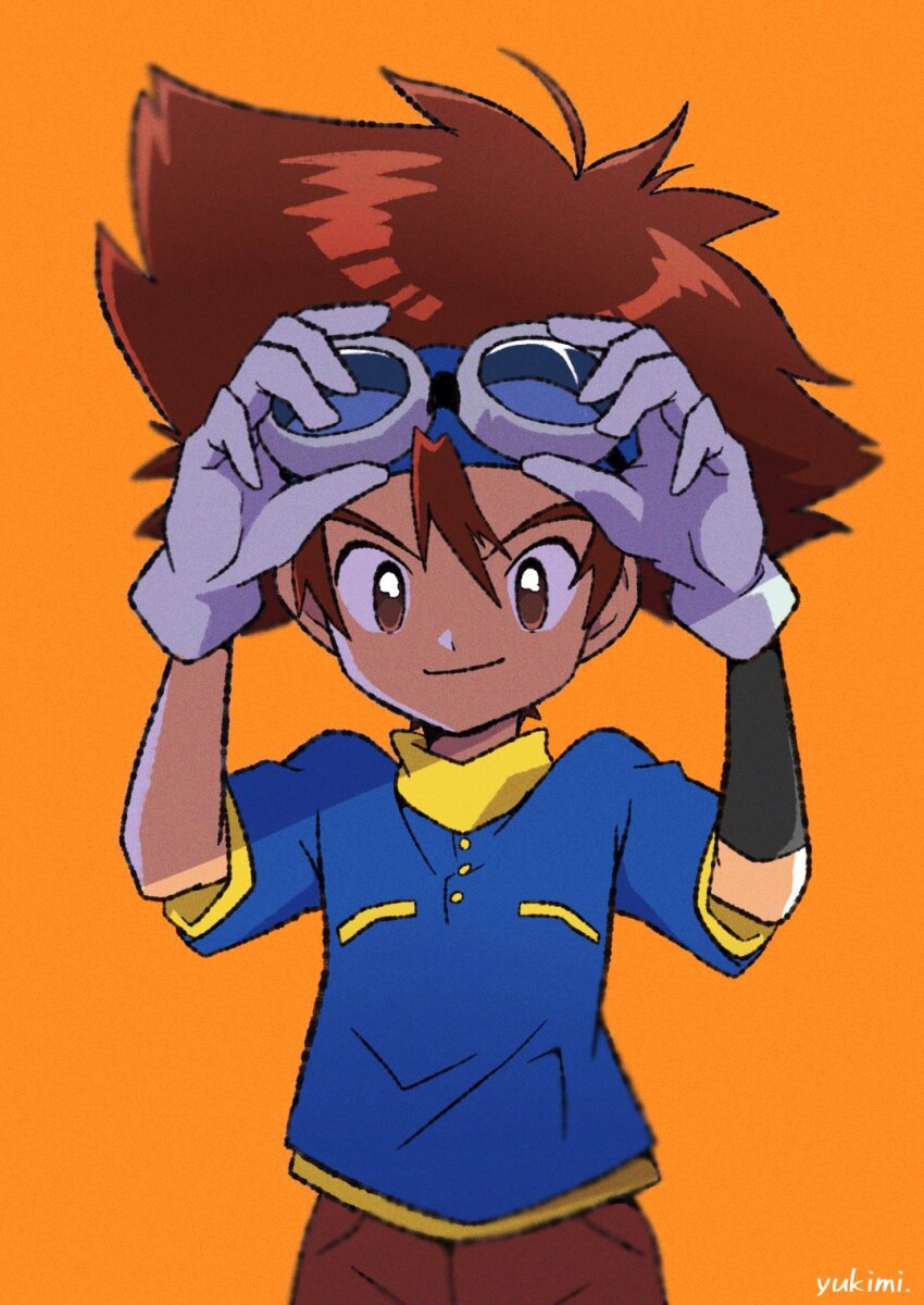 1boy adjusting_goggles arms_up artist_name blue_hairband blue_shirt breast_pocket brown_eyes brown_hair brown_shorts buttons cowboy_shot digimon digimon_adventure gloves goggles goggles_on_head hair_between_eyes hairband highres long_hair male_focus orange_background pocket shirt short_sleeves shorts simple_background smile solo white_gloves yagami_taichi yukimi_(kurumi-no-naruki)