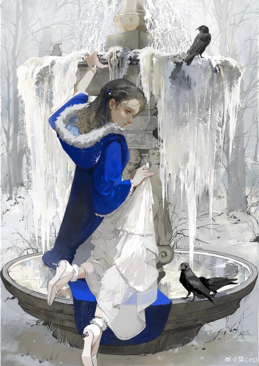 1girl absurdres bare_tree bird blue_cloak blue_ribbon bracelet brown_eyes brown_hair chinese_commentary cloak closed_mouth cloud cloudy_sky commentary_request crow day dress expressionless eyelashes fountain frilled_cloak frilled_sleeves frills from_behind full_body fur-trimmed_hood fur_anklet fur_trim hair_ribbon high_heels highres hood hood_down hooded_cloak ice jewelry ji_cep kneeling long_dress long_hair long_sleeves looking_at_viewer looking_back original outdoors realistic ribbon skirt_hold sky snow solo stiletto_heels tree watermark weibo_watermark white_dress white_footwear winter