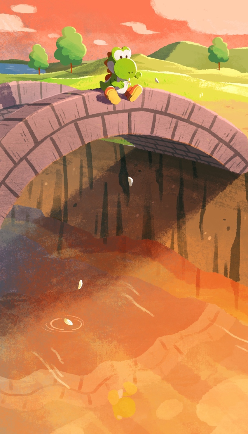 bridge brown_shoes cloud commentary_request dusk falling falling_petals flower grass highres holding holding_flower iroidori4422 mario_(series) nintendo no_humans orange_sky outdoors petals plucking_petals shoes sitting sky solo super_mario_64 tree water yoshi