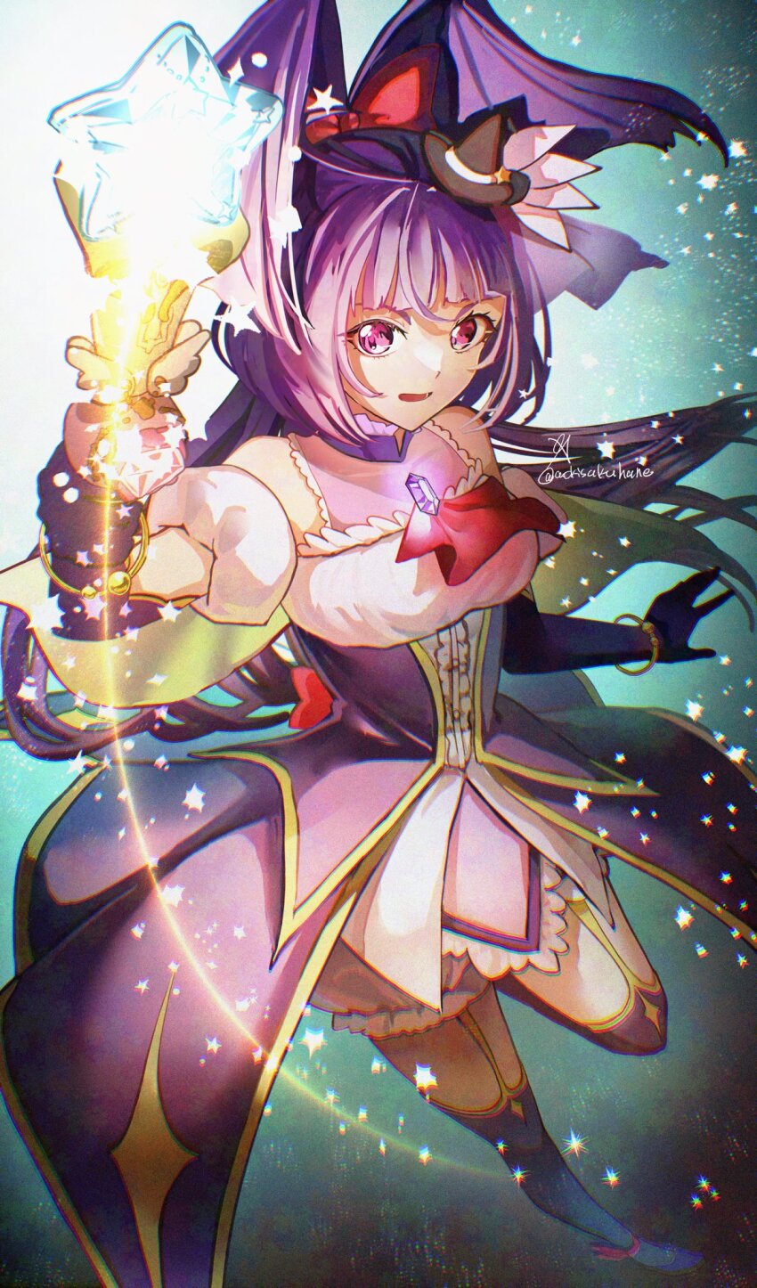 1girl aoi_hane black_gloves black_hat black_thighhighs bow brooch cure_magical detached_sleeves dress elbow_gloves gloves hair_bow hat highres izayoi_liko jewelry long_hair magical_girl mahou_girls_precure! mahou_girls_precure!!_mirai_days open_mouth pink_eyes precure puffy_detached_sleeves puffy_sleeves purple_hair red_bow signature solo thighhighs twitter_username two-tone_dress witch_hat