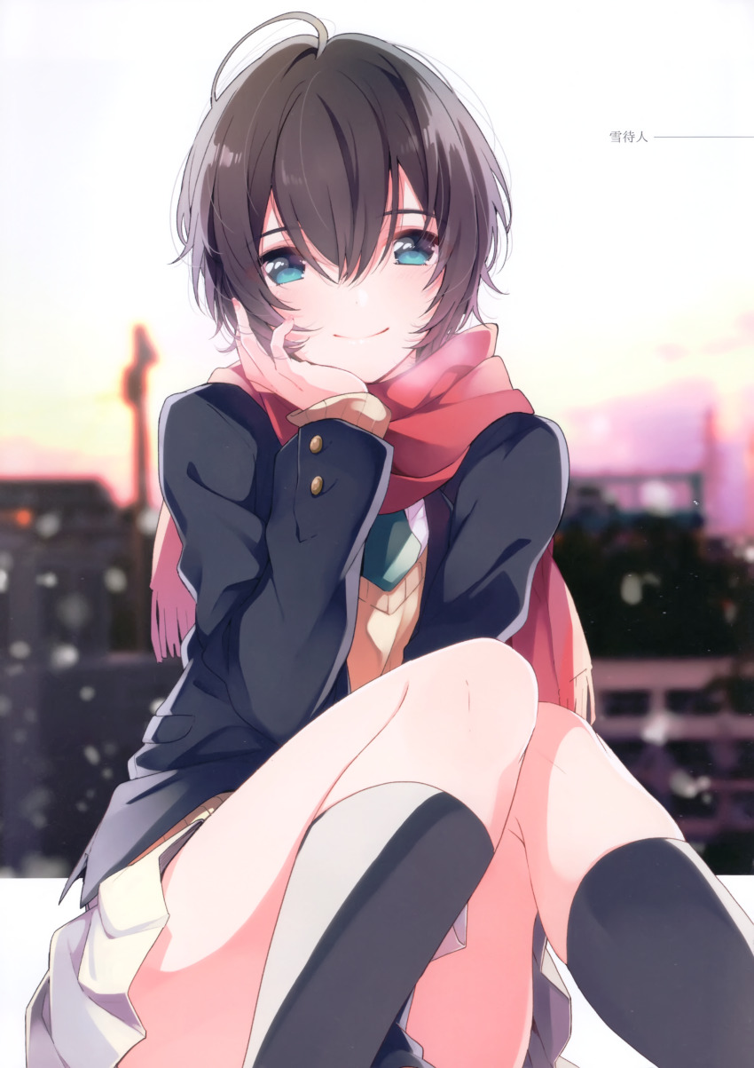 1girl absurdres ahoge aqua_eyes between_legs black_hair black_socks blazer blurry blurry_background closed_mouth commentary_request fringe_trim hair_between_eyes hand_between_legs hand_on_own_cheek hand_on_own_face highres jacket kneehighs knees_together_feet_apart light_smile looking_at_viewer non-web_source open_clothes open_jacket original red_scarf scan scarf school_uniform short_hair sitting smile socks solo sweater thighs u35