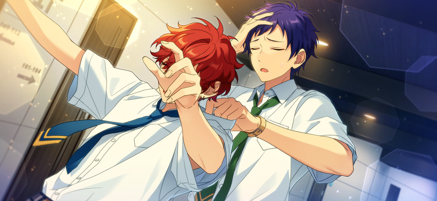 2boys amagi_hiiro arm_up blue_hair blue_necktie closed_eyes collared_shirt covered_face dark_blue_hair dress_shirt earrings ensemble_stars! fingernails fushimi_yuzuru green_necktie hand_on_own_head happy_elements indoors jewelry male_focus mole mole_under_eye multiple_boys necktie official_art open_mouth outstretched_arms pocket red_hair school_uniform shirt short_hair short_sleeves third-party_source two-tone_necktie ushimairi_(ensemble_stars!) watch white_shirt wristwatch yumenosaki_school_uniform