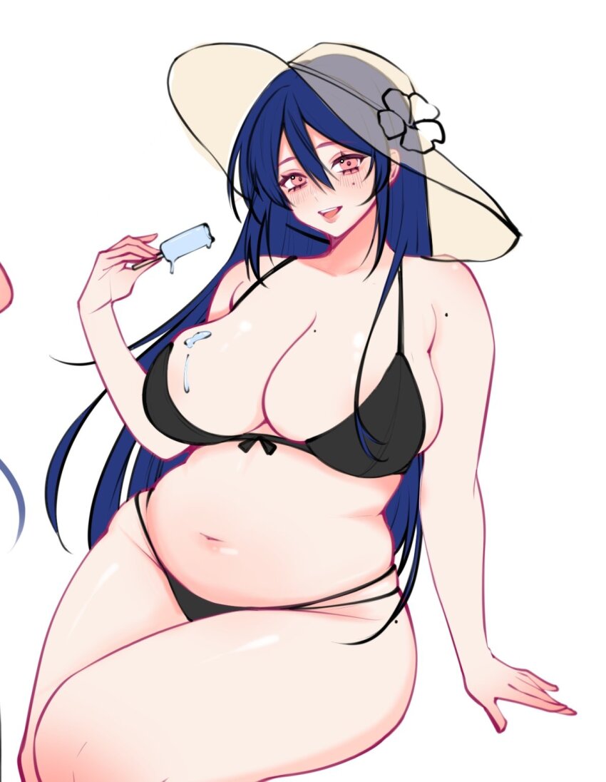 1girl aegyo_sal bikini black_bikini blue_hair blush breasts character_request cleavage copyright_request cowboy_shot food hat highres holding holding_food holding_popsicle jiang_ethan large_breasts long_hair looking_at_viewer melting_popsicle mole mole_on_arm mole_on_breast mole_under_eye navel open_mouth pink_eyes plump popsicle simple_background sitting smile solo sun_hat swimsuit white_background