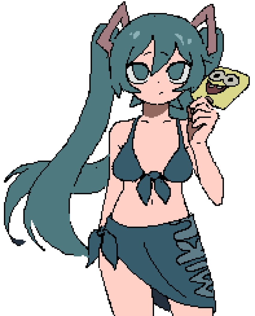 1girl aqua_eyes aqua_hair aqua_sarong brandon_(badger_g) character_name food hatsune_miku highres holding holding_food holding_popsicle looking_up pixel_art popsicle sarong simple_background solo spongebob_squarepants_(series) swimsuit twintails vocaloid