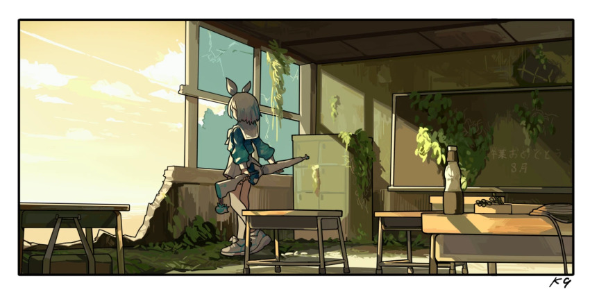 1girl arona_(blue_archive) bilibili blue_archive desk full_body hairband holding_behind_back holding_weapon_behind_back kuroinu9 leaf school_desk school_uniform second-party_source serafuku solo twilight umbrella window