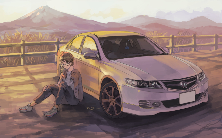 1girl black_pants brown_hair brown_jacket car commentary_request fence glasses highres honda honda_accord jacket momo_hiki motor_vehicle original outdoors pants personification shirt shoes sitting sneakers solo striped_clothes striped_shirt vehicle_and_personification vehicle_focus white_car white_shoes wooden_fence