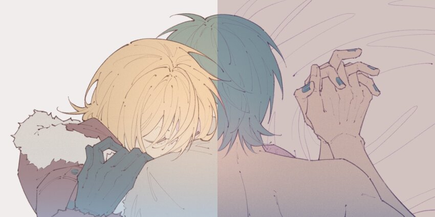 2boys bed_sheet black_gloves black_nails blonde_hair brown_jacket closed_eyes commentary_request couple death_note fur-trimmed_hood fur_trim gloves green_hair hair_between_eyes hand_on_another&#039;s_shoulder highres hood hooded_jacket jacket male_focus matt_(death_note) mello_(death_note) multiple_boys nail_polish randyng shirt split_image topless_male upper_body white_background white_fur white_shirt yaoi