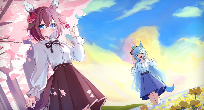 absurdres alternate_costume animal_ears blue_eyes blush braid breasts casual closed_eyes closed_mouth commentary_request crown_braid field flower flower_field hair_between_eyes hair_ornament highres horse_ears horse_girl long_hair looking_at_viewer medium_breasts medium_hair mejiro_ardan_(umamusume) pink_hair sakura_chiyono_o_(umamusume) sky smile tree umamusume vitarudwls1