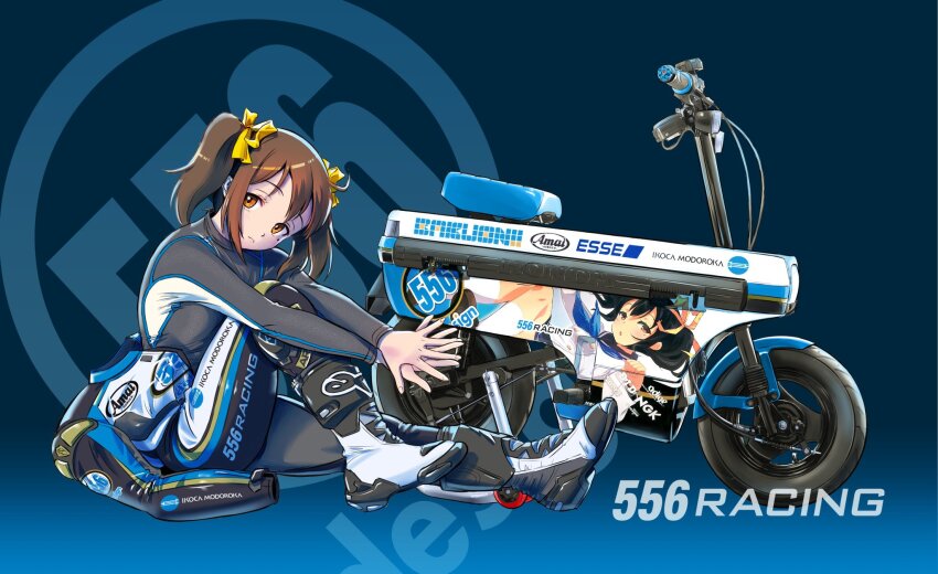 1girl arai_(company) bakuon!! black_jumpsuit black_shirt blue_background boots brand_name_imitation brown_hair copyright_name frown hair_behind_ear head_tilt highres honda honda_motocompo interlocked_fingers itasha jumpsuit konica_minolta leaning_forward long_sleeves looking_to_the_side minibike motor_vehicle motorcycle nakano_chisame racing_suit sakuma_masanori shirt sitting twintails vehicle_focus wheel white_footwear