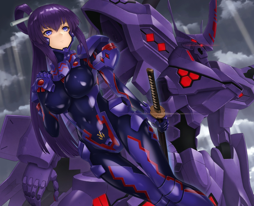1girl blue_eyes breasts cloud cloudy_sky commission covered_erect_nipples covered_navel fortified_suit glowing glowing_eye head_tilt highres holding holding_sword holding_weapon katana koubuin_yuuhi kurione_(zassou) large_breasts long_hair looking_up mecha mecha_pilot_suit muv-luv muv-luv_alternative open_hand pilot_suit ponytail purple_hair red_eyes robot science_fiction skeb_commission sky sunlight sword tactical_surface_fighter type_00_takemikazuchi weapon
