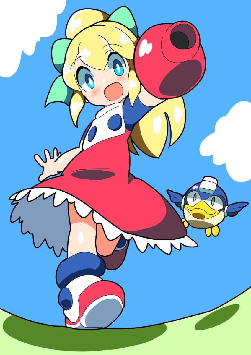 1girl :d arm_cannon beat_(mega_man) blonde_hair blue_eyes blue_sky blush capcom cloud day dress fujishiro_nekomata high_ponytail highres long_hair mega_man_(classic) mega_man_(series) open_mouth outdoors outstretched_arm ponytail red_dress red_shoes roll_(mega_man) running shoes short_sleeves sky smile solo very_long_hair weapon