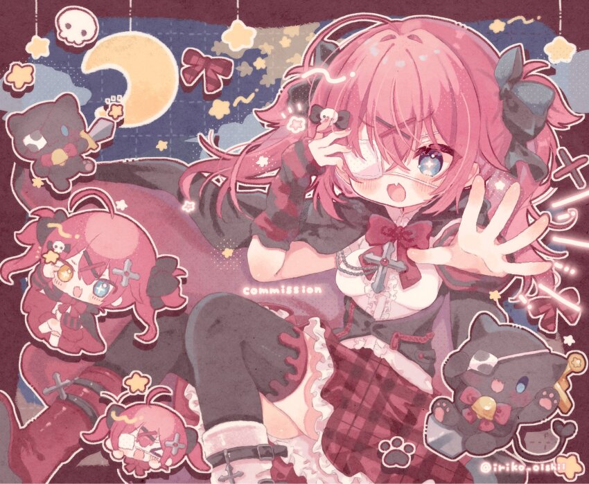 &gt;_&lt; 1girl :d asymmetrical_footwear black_bow black_thighhighs blue_background blue_eyes blush boots border bow bowtie cape cat chibi commentary commission crescent_moon eyepatch fang feet_out_of_frame frilled_skirt frills grid_background hair_bow hair_ornament hand_up heterochromia highres kamizakana_iriko long_sleeves looking_at_viewer mismatched_footwear moon open_mouth outline outside_border outstretched_arm plaid_clothes plaid_ribbon plaid_skirt red_boots red_border red_bow red_bowtie red_cape red_ribbon red_skirt ribbon shirt skeb_commission skin_fang skirt smile star_(symbol) sword thighhighs twitter_username two_side_up vbox virtual_youtuber weapon white_boots white_outline white_shirt x_hair_ornament yamisaki_touka yellow_eyes
