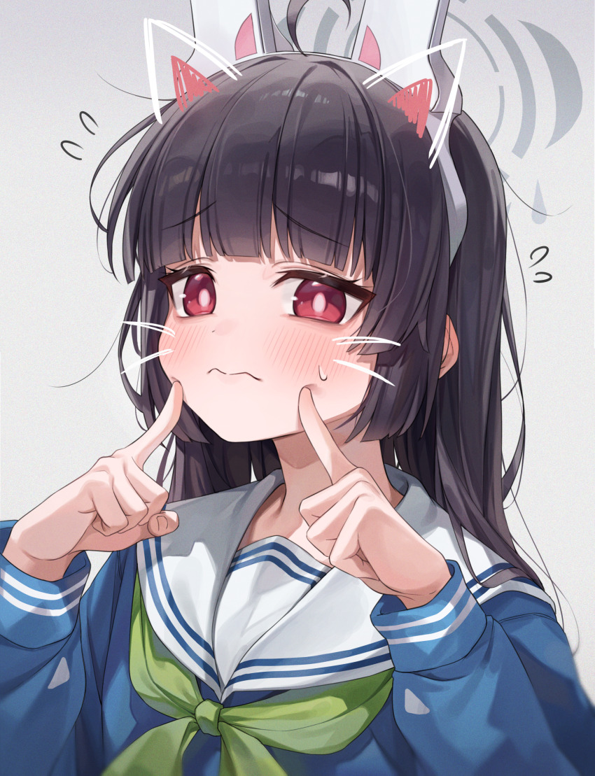 1girl absurdres black_hair blue_archive blue_shirt blunt_bangs blush closed_mouth drawn_ears drawn_whiskers green_neckerchief hands_on_own_face highres long_hair looking_at_viewer miyu_(blue_archive) neckerchief red_eyes sailor_collar shirt sidelocks solo um_111 white_sailor_collar