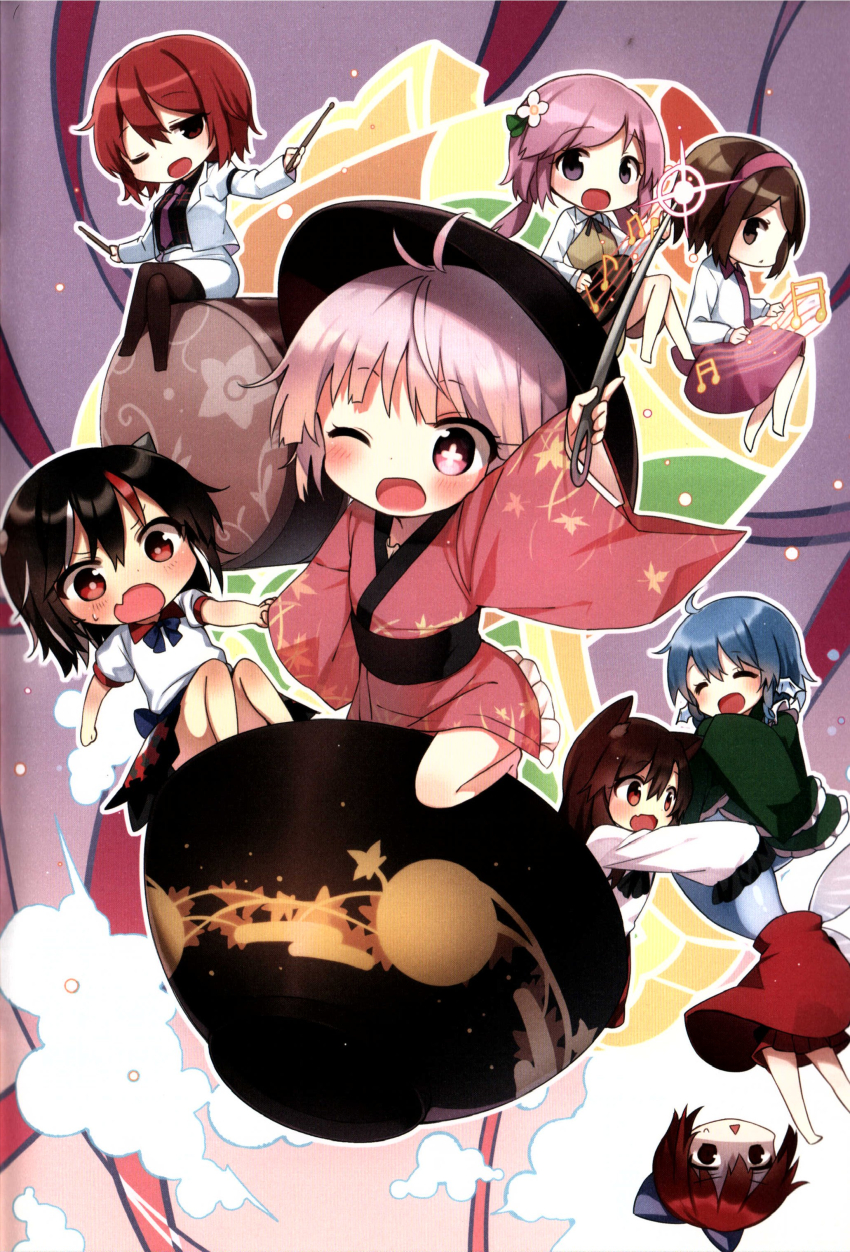 6+girls absurdres ahoge animal_ears antenna_hair arm_up arms_up arrow_print ascot back_bow barefoot belt biwa_lute black_ascot black_belt black_eyes black_hair black_headwear black_pantyhose black_shirt blue_bow blue_bowtie blue_hair blush bow bowl bowl_hat bowtie brown_dress brown_eyes brown_hair cape checkered_clothes checkered_shirt chibi closed_eyes cloud collared_jacket collared_shirt cross-shaped_pupils crossed_legs double_dealing_character dress drum drumsticks fang flower flying frills full_body gradient_background green_kimono green_ribbon hair_between_eyes hair_bow hair_flower hair_ornament hairband half-closed_eye hand_up hands_up hat highres holding holding_drumsticks holding_hands holding_needle horikawa_raiko horns imaizumi_kagerou instrument jacket japanese_clothes juliet_sleeves kijin_seija kimono leaf leaf_hair_ornament leaf_print long_hair long_sleeves looking_at_another looking_at_viewer looking_up lute_(instrument) maple_leaf_print mermaid monster_girl multicolored_hair multiple_girls music musical_note neck_ribbon necktie needle no_shoes one_eye_closed open_clothes open_jacket open_mouth pantyhose pink_background pink_eyes pink_kimono playing_instrument pleated_skirt puffy_short_sleeves puffy_sleeves purple_background purple_bow purple_eyes purple_hair purple_hairband purple_necktie purple_skirt red_cape red_dress red_eyes red_hair red_skirt ribbon scan sekibanki shirt shnva short_hair short_sleeves sitting skin_fang skirt smile sparkle sukuna_shinmyoumaru sweatdrop symbol-shaped_pupils touhou tsukumo_benben tsukumo_yatsuhashi twintails two-tone_dress v-shaped_eyebrows wakasagihime white_dress white_flower white_hair white_jacket white_shirt white_skirt wide_sleeves wolf_ears wolf_girl