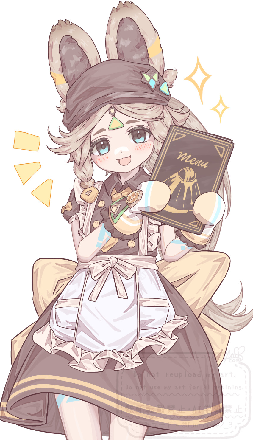 1girl :d absurdres alternate_costume animal_ear_fluff animal_ears apron black_dress blue_eyes blush bow braid brown_dress brown_hair chinchilla_ears dress english_text fang food frilled_apron frills fumicode2_3 genshin_impact gloves hands_up highres holding kachina_(genshin_impact) long_hair looking_at_viewer maid_apron notice_lines open_mouth parted_bangs ponytail short_sleeves simple_background smile solo sparkle standing very_long_hair watermark white_apron white_background