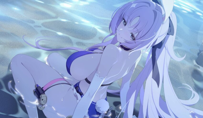 1girl arm_support bikini blue_bikini breasts chain commentary elbow_gloves game_cg game_screenshot gloves grey_eyes hair_intakes high_ponytail large_breasts leaning_back long_hair looking_at_viewer looking_back official_art partially_submerged pink_hair ponytail rabbit_tail sand shia_(stella_sora) sitting smile solo stella_sora swimsuit symbol-only_commentary tail thigh_strap thighs third-party_source wariza water white_gloves wrist_cuffs