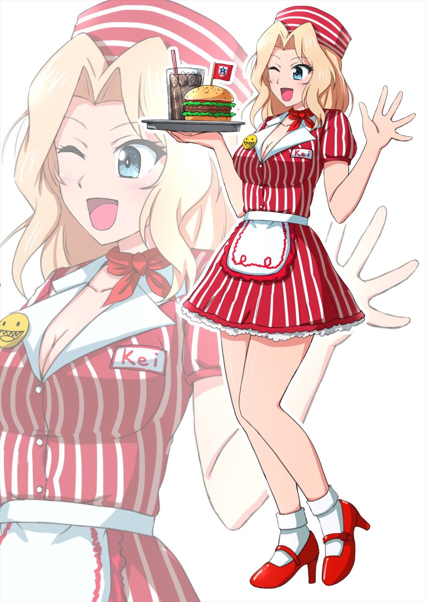1girl apron burger cup drinking_straw employee_uniform fast_food fast_food_uniform food girls_und_panzer high_heels highres holding holding_tray kay_(girls_und_panzer) ketchup lettuce long_hair omachi_(slabco) one_eye_closed soda tray waist_apron waitress