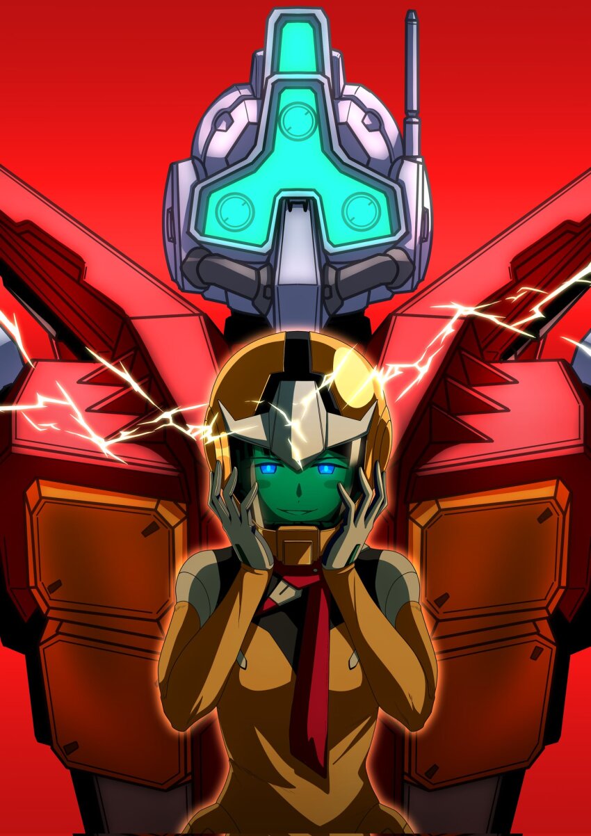 1girl artistic_error blue_eyes blush_stickers bodysuit breasts bright_pupils gelgoog gelgoog_(gquuuuuux) gundam gundam_gquuuuuux highres looking_at_viewer mecha mecha_pilot_suit newtype_flash open_mouth radio_antenna red_background robot sanjiyouyoko shiiko_sugai simple_background smile solo upper_body
