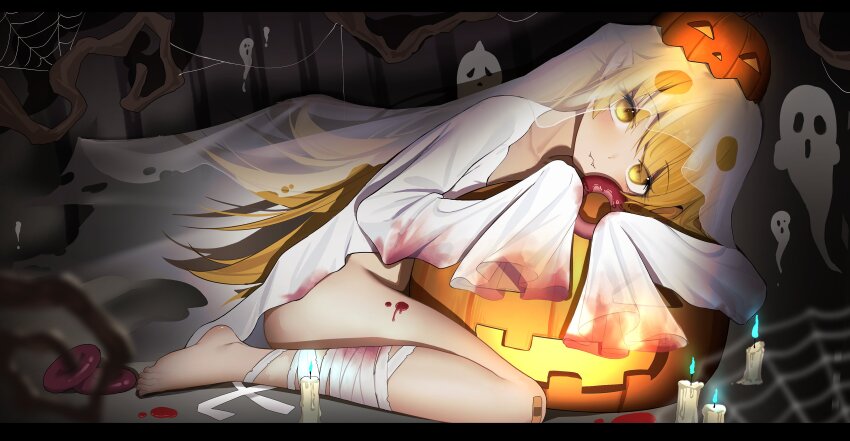 1girl absurdres bandaged_leg bandages bandaid bandaid_on_knee bandaid_on_leg bare_tree black_border blonde_hair blood blood_drop blood_splatter blurry blurry_foreground border bottomless candle chocolate_donut clothing_cutout collarbone donut dot_nose fangfangtu fangs fangs_out flat_chest food from_side full_body ghost ghost_costume hair_between_eyes hair_flaps halloween halloween_costume head_tilt highres holding holding_donut holding_food hugging_object jack-o&#039;-lantern jack-o&#039;-lantern_hat leaning_on_object letterboxed long_hair looking_at_viewer monogatari_(series) on_ground oshino_shinobu shadow shirt silk sleeves_past_fingers sleeves_past_wrists slit_pupils smile solo spider_web tombstone tree veil very_long_hair white_shirt yellow_eyes