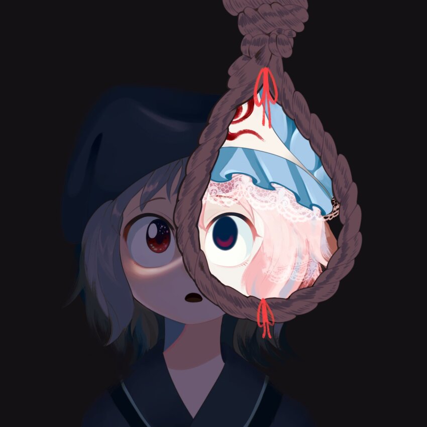 1girl black_background clem_(calmeremerald) commentary dual_persona english_commentary highres noose open_mouth pink_hair red_eyes rope saigyouji_yuyuko saigyouji_yuyuko_(living) simple_background touhou upper_body