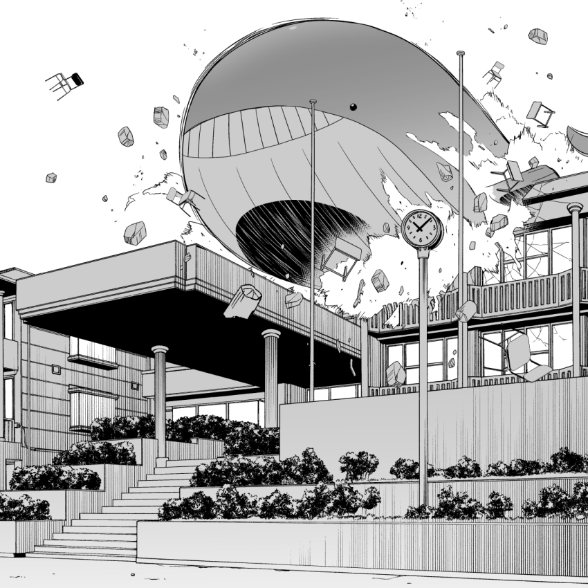 black_eyes building bush chair chida_daisuke clock commentary_request crack crash debris desk from_below gen_3_pokemon greyscale highres monochrome nintendo no_humans pillar pokemon pokemon_(creature) pole rock smile solo stairs teeth wailord whale window