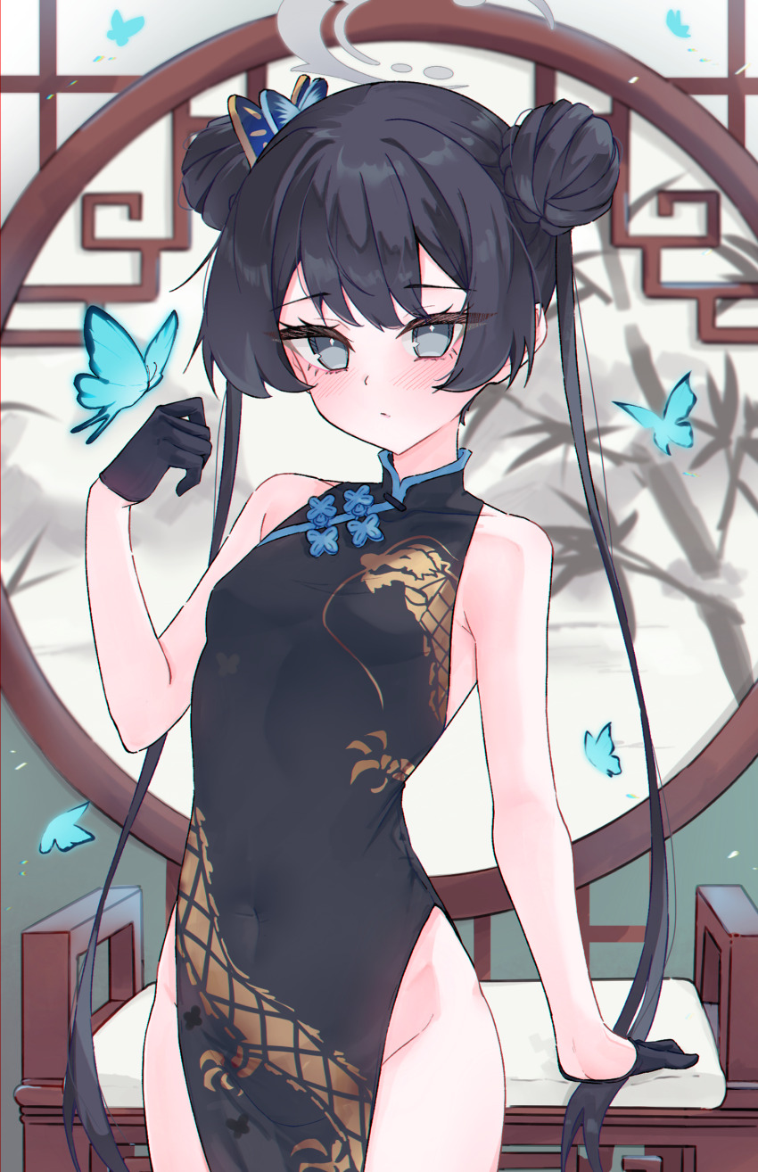 1girl absurdres black_dress black_gloves black_hair blue_archive blue_butterfly breasts bug butterfly butterfly_hair_ornament china_dress chinese_clothes commentary cowboy_shot double_bun dragon_print dress english_commentary gloves grey_eyes grey_halo hair_bun hair_ornament halo highres insect kisaki_(blue_archive) long_hair looking_at_viewer magui3 pelvic_curtain sleeveless sleeveless_dress small_breasts solo twintails