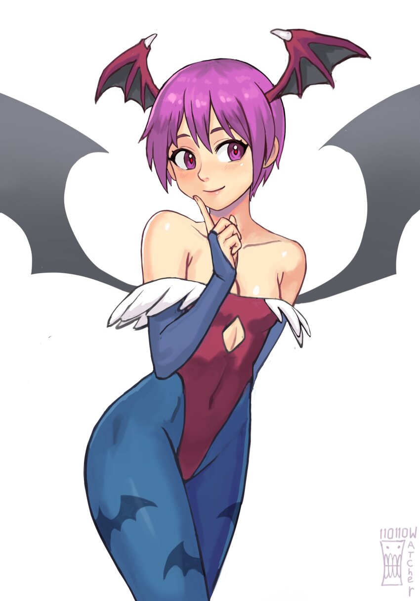 1girl absurdres animal_print arm_behind_back artist_name bare_shoulders bat_print blue_pantyhose breasts commentary covered_navel cowboy_shot cutout_above_navel darkstalkers demon_girl demon_wings english_commentary finger_to_face head_wings highleg highleg_leotard highres leotard lilith_(darkstalkers) panties pantyhose print_panties purple_eyes purple_hair red_leotard revision short_hair small_breasts solo underwear watcher_hollow wings
