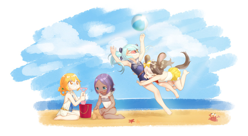 4girls @_@ absurdres animal_ears bad_id bad_pixiv_id ball barefoot beach beachball blonde_hair blue_hair blush brown_hair bucket coco_mercury crab dark-skinned_female dark_skin dog_ears dog_girl dog_tail dutch_girl_(last_origin) eyepatch fang full_body hachiko_of_castling highres hug kbn317 last_origin light_blue_hair lrl_(last_origin) multicolored_hair multiple_girls one-piece_swimsuit orange_eyes orange_hair purple_hair sand sand_castle sand_sculpture scared short_hair smile starfish surprised swimsuit tackle tail twintails two-tone_hair water wavy_mouth