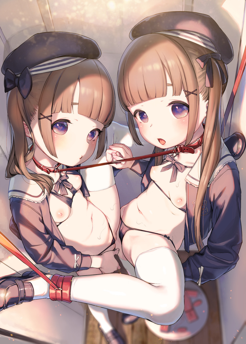 2girls bdsm beret bikini bikini_under_clothes black_bikini black_ribbon black_shoes blush bondage bondage_cuffs bound bound_leg breasts brown_hair cameltoe collar expressionless hair_ornament hair_ribbon hat heart heart-shaped_pupils henreader highres holding_hands indoors leash leg_up loafers loli long_hair long_sleeves looking_at_viewer micro_bikini multiple_girls navel neck_ribbon nipples no_pants open_clothes open_mouth open_shirt original purple_eyes red_collar ribbon sailor_collar shoes slave small_breasts sweat swimsuit symbol-shaped_pupils thighhighs twintails white_thighhighs x_hair_ornament