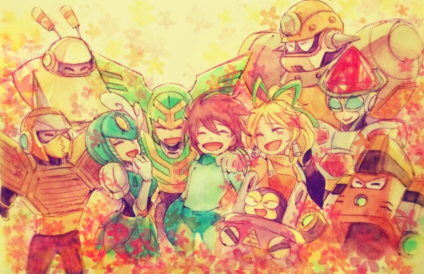 2girls 6+boys arm_cannon blonde_hair blue_bodysuit blue_headwear bodysuit brown_hair closed_eyes commentary_request concrete_man dress everyone galaxy_man gem green_headwear hand_on_another&#039;s_shoulder happy helmet highres honeycomb_(pattern) hornet_man horns jewel_man long_hair magma_man arm_cannon mega_man_(character) mega_man_(classic) mega_man_(series) mega_man_9 mermaid monster_girl multiple_boys multiple_girls no_headwear open_mouth orange_headwear plug plug_man red_dress robot robot_girl roll_(mega_man) short_hair smile splash_woman takenokonoko tornado_man traditional_media ufo weapon