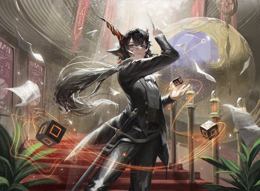 1boy animal_ears arknights arm_up black_coat black_hair black_pants coat commentary delayxxxs ebenholz_(arknights) frown goat_boy goat_ears goat_horns hand_up holding holding_wand horns indoors long_hair long_sleeves looking_at_viewer magic male_focus pants plant poster_(object) purple_eyes serious sheet_music shirt solo stairs stanchion sword symbol-only_commentary tailcoat wand weapon white_shirt