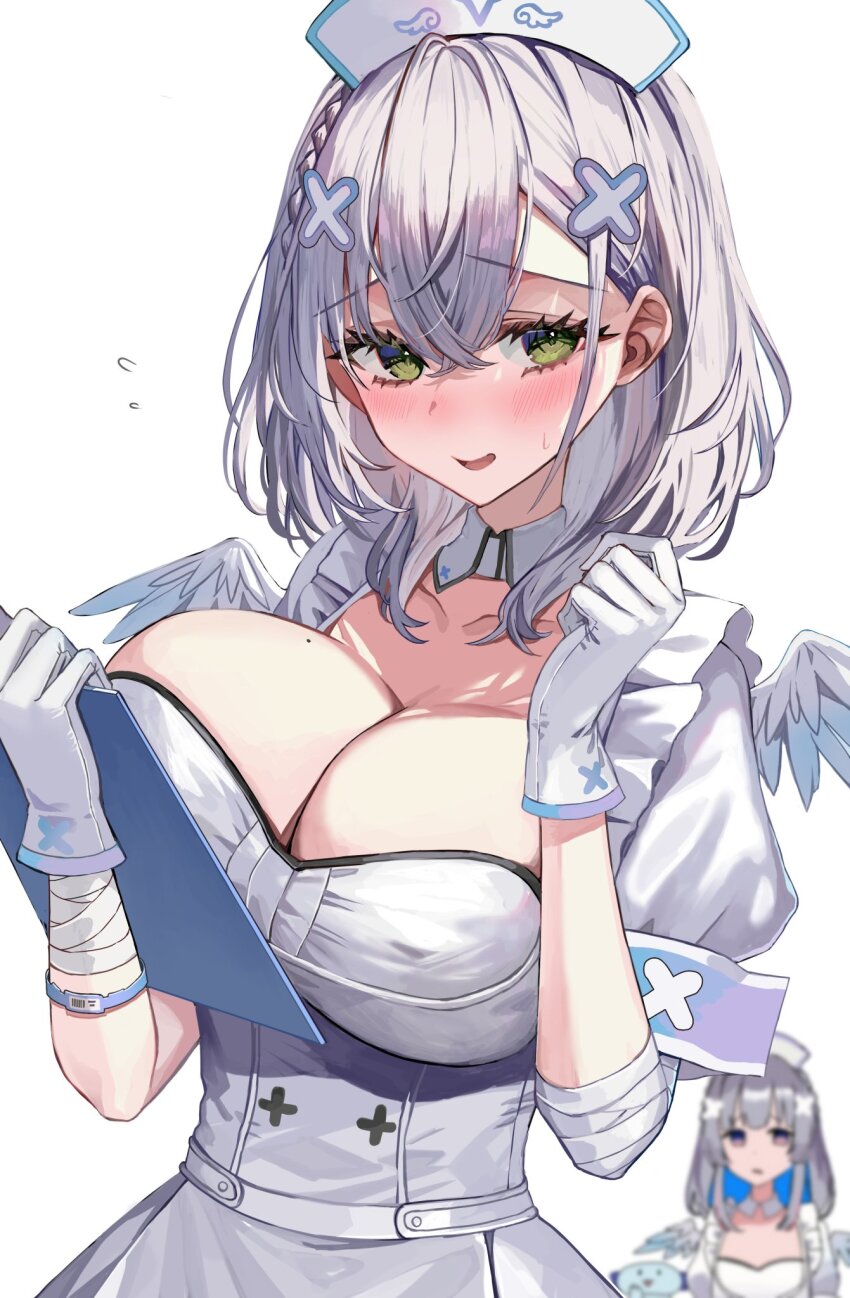 2girls amane_kanata amane_kanata_(cosplay) amane_kanata_(nurse) angel_wings bandaged_arm bandages blue_wings blush braid breast_envy breasts cleavage clipboard colored_inner_hair commentary_request cosplay crossed_bangs detached_collar double-parted_bangs dress feathered_wings gloves gradient_wings green_eyes grey_dress grey_hair hair_between_eyes hair_ornament hairclip hat highres holding holding_clipboard hololive large_breasts looking_at_viewer medium_hair mini_wings mole mole_on_breast multicolored_hair multicolored_wings multiple_girls nurse_cap official_alternate_costume open_mouth puffy_short_sleeves puffy_sleeves purple_eyes rum_raisin_(chihiromakita19) shirogane_noel short_sleeves side_braid simple_background solo_focus upper_body virtual_youtuber wavy_hair white_background white_gloves white_hat white_wings wing_collar wings x_hair_ornament