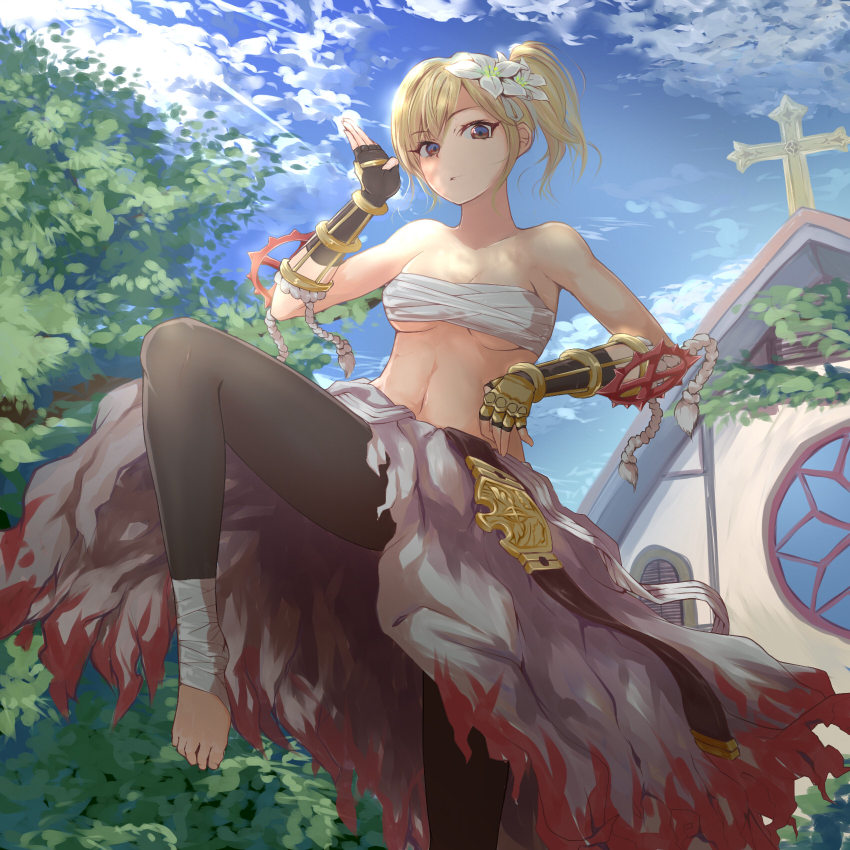 1girl bandaged_foot bandages barefoot belt black_gloves black_leggings blonde_hair blue_sky breasts brown_eyes building championship_belt closed_mouth cloud collarbone commentary_request cowboy_shot crane_stance cross cross_patonce day fingerless_gloves flame_print gauntlets gloves high_ponytail highres leg_up leggings looking_at_viewer medium_breasts navel outdoors ponytail ragnarok_online sail_(sail-away) sarashi short_hair short_ponytail skirt sky solo sura_(ragnarok_online) torn_clothes torn_skirt tree underboob white_skirt