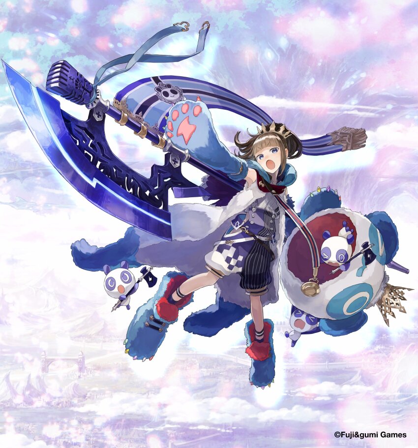 1girl :o absurdres animal_hands axe battle_axe blue_eyes blunt_bangs brown_hair commentary_request copyright_notice crown dempagumi fujisaki_ayane full_body gloves highres holding holding_axe holding_polearm holding_weapon hood hood_down looking_at_viewer microphone official_alternate_costume official_art open_mouth overalls paw_gloves phantom_of_the_kill polearm second-party_source solo standing standing_on_one_leg tachi-e watarubou weapon