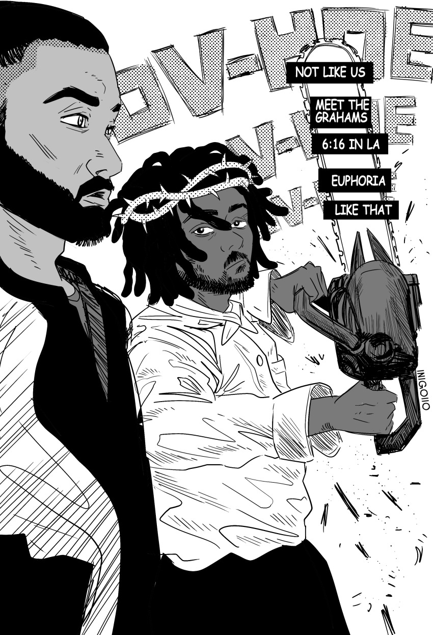 2boys absurdres beard chainsaw chainsaw_man commentary crown_of_thorns drake_(rapper) dreadlocks english_commentary facial_hair greyscale highres inigoiio kendrick_lamar male_focus monochrome multiple_boys real_life scene_reference shirt short_hair very_short_hair