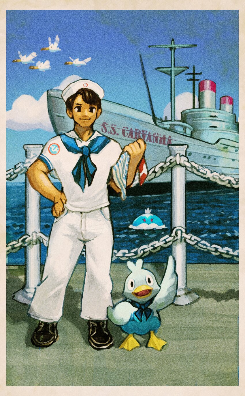 1boy absurdres bird blue_feathers blue_neckerchief blue_sky brown_hair clothed_pokemon cloud crown dock duck ducklett feathers flock flying game_freak gen_3_pokemon gen_5_pokemon hand_on_own_hip hat highres jellicent jellicent_(male) looking_at_viewer male_focus meltted mini_crown neckerchief nintendo open_mouth pants photo_(object) pokemon pole sailor sailor_(pokemon) sailor_hat ship shirt sky smile water watercraft waving white_pants white_shirt wingull