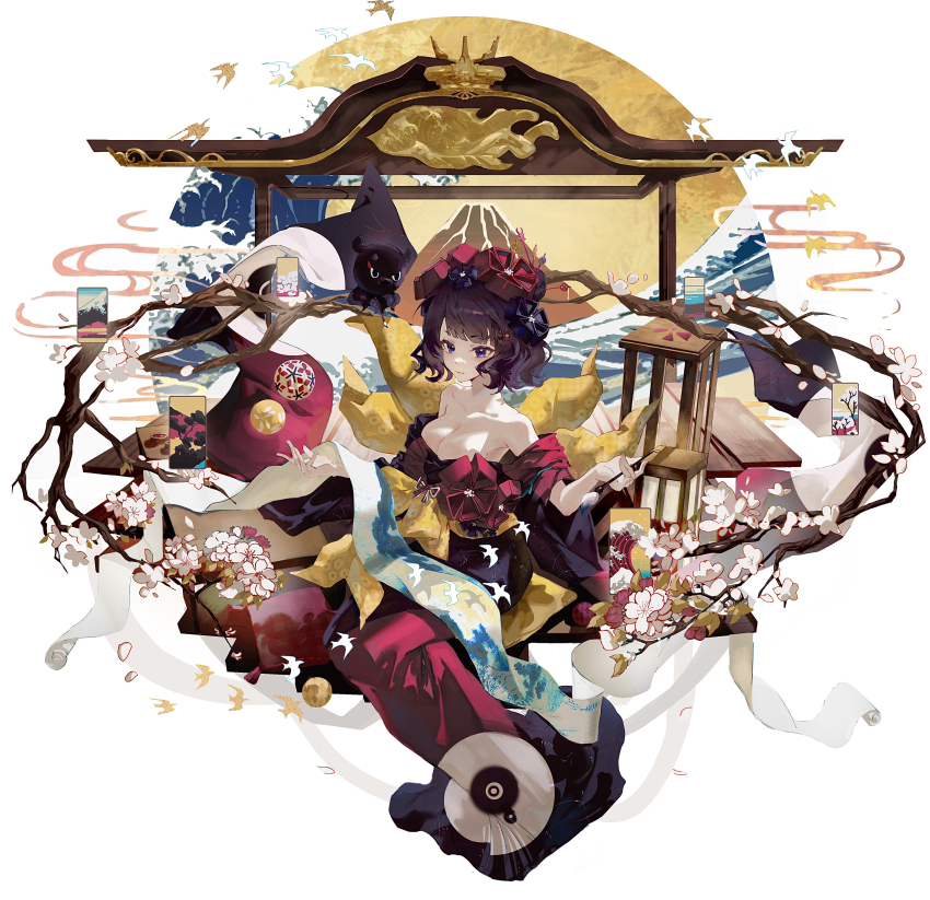 1girl absurdres ball bird blue_eyes breasts cherry_blossoms cleavage fate/grand_order fate_(series) fine_art_parody hair_bun hair_ornament hairpin highres holding holding_brush holding_scroll japanese_clothes kanagawa_okinami_ura katsushika_hokusai_(fate) kimono large_breasts mount_fuji mrruaaa multiple_hairpins off_shoulder parody purple_hair scroll temari_ball tokitarou_(fate)