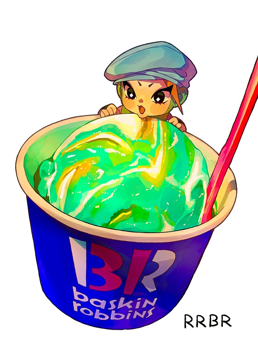 1girl absurdres baskin-robbins beret black_eyes blue_hat blush bright_pupils chibi commentary cup disposable_cup drinking_straw english_commentary english_text food food_focus hat highres jojo_no_kimyou_na_bouken mini_person open_mouth orange_hair shaved_ice siniy solo spoon the_jojolands usagi_aloha&#039;oe white_background white_pupils