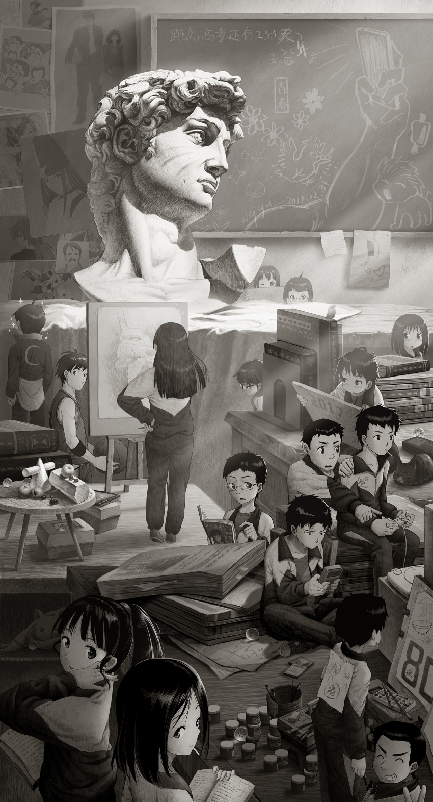 6+boys 6+girls aa_megami-sama absurdres akagi_haruko apple ball basketball basketball_(object) basketball_jersey belldandy bird book candy cat chalk chalkboard character_request cherry closed_eyes controller copyright_request crossed_legs david_(michelangelo) death_note_(object) diamond_dust_(omega) dr._slump dragon_ball dragon_ball_(object) eva_01 evangelion_(mecha) food fruit fujiwara_no_sai game_boy game_console game_controller glasses grin handheld_game_console highres hikaru_no_go himura_kenshin holding holding_ball holding_book holding_controller holding_game_controller holding_handheld_game_console holding_pen japanese_text kyubey lollipop magazine_(object) mahou_shoujo_madoka_magica mahou_shoujo_madoka_magica_(anime) marble_(stone) marble_sculpture mars_symbol monochrome multiple_boys multiple_girls neon_genesis_evangelion nichijou norimaki_arale norimaki_senbei open_book open_mouth oversized_object paint_can paintbrush painting_(medium) painting_(object) paper parted_lips pen playing_games pointing ponytail reading rurouni_kenshin sakuragi_hanamichi sega_dreamcast sitting smile son_goku standing studio tape traditional_media v